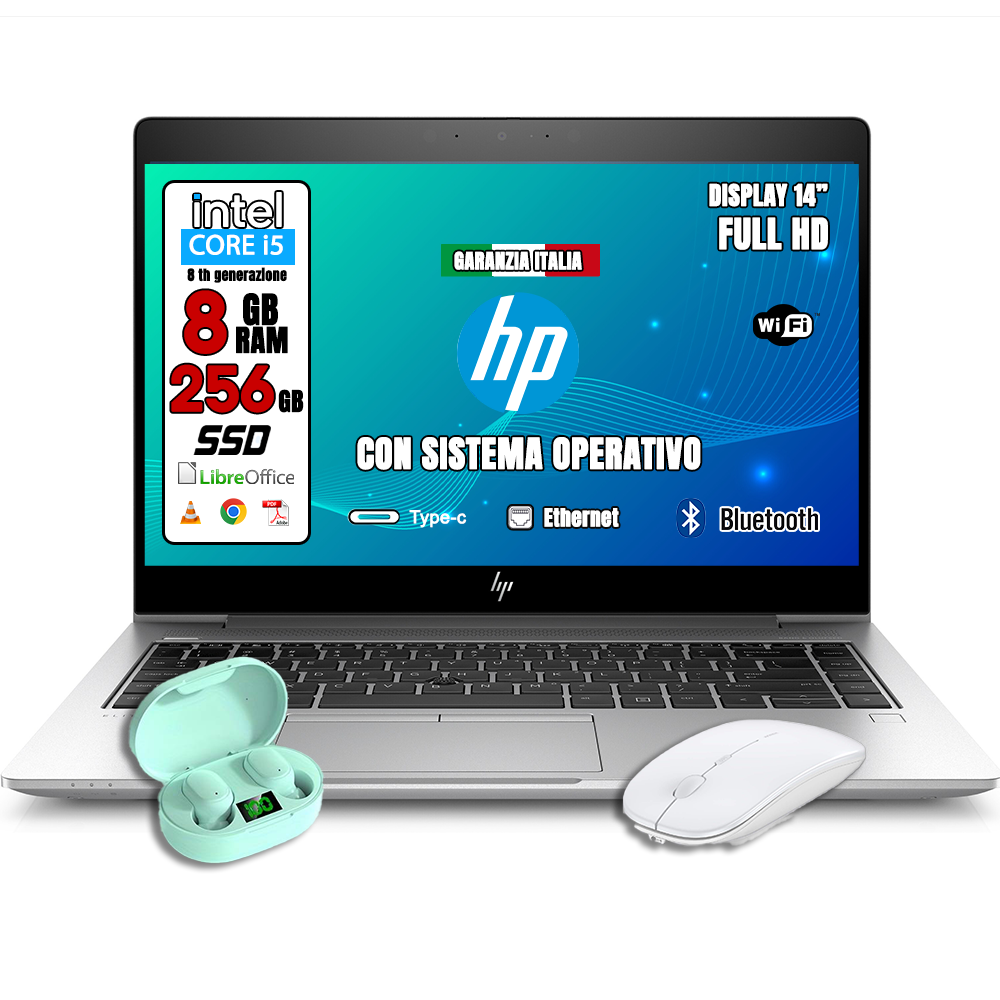 Notebook HP • Intel i5™ • 8 GB ram • 256 GB SSD • Windows 11 Pro e  Pacchetto Libre Office • CUFFIETTE E MOUSE WIRELESS