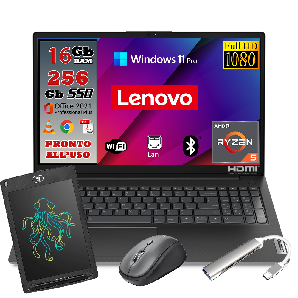 Notebook NUOVO Lenovo •AMD Ryzen™ 5 5500U 2,1 GHz  • 16 GB DDR4-256 GB SSD •  Windows 11 Pro e Pacchetto Office 2021 • Mouse e HUB USB Type c.