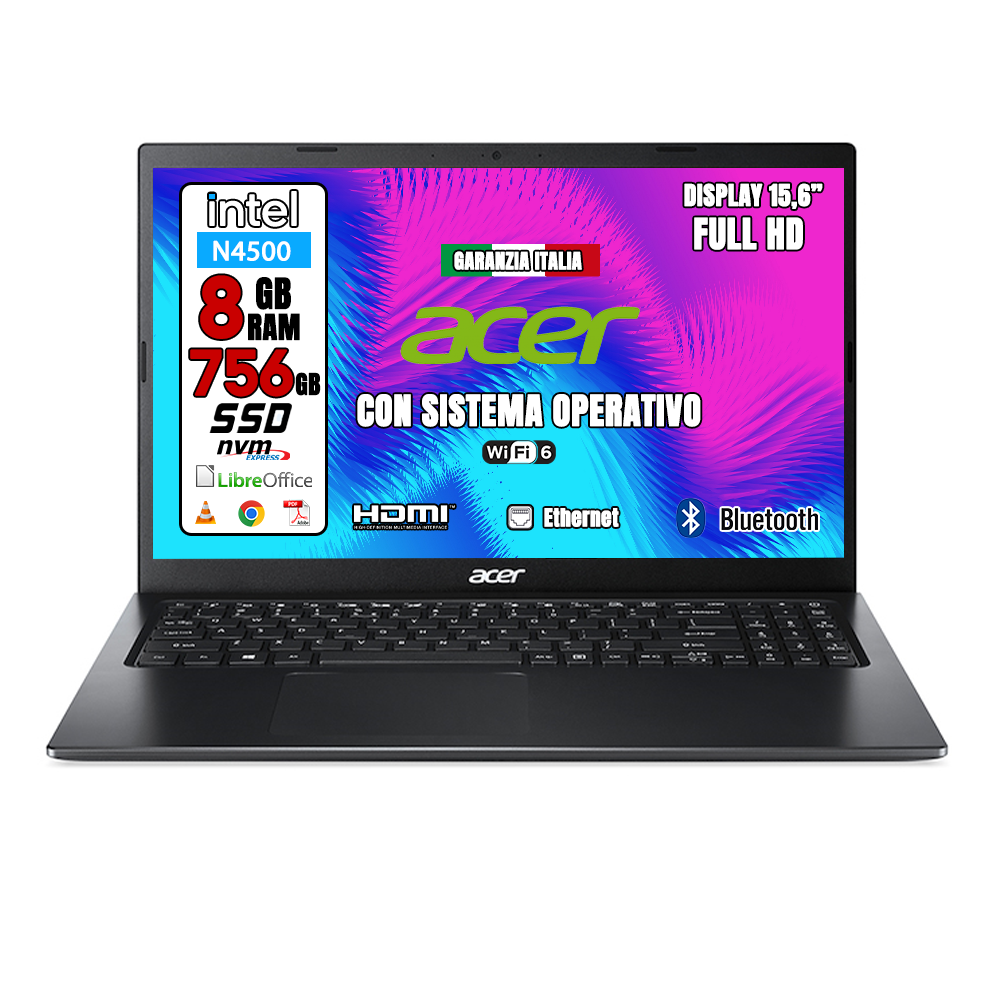 Acer Notebook NUOVO • Monitor 15.6" Full HD • Memoria SSD 756GB • CPU Intel Core N4500 fino a 2,8ghz • Ram 8GB • Ingresso LAN, HDMI, USB • Sistema Operativo • PRONTO ALL'USO