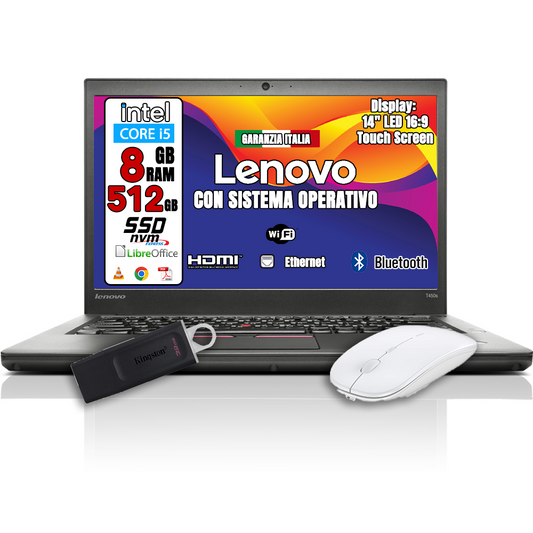 Notebook Lenovo T450 TOUCHSCREEN (RICONDIZIONATO) • Cpu i5 • 8 GB ram  • 512GB SSD   • Sistema Operativo + Libre Office • Mouse e Pendrive