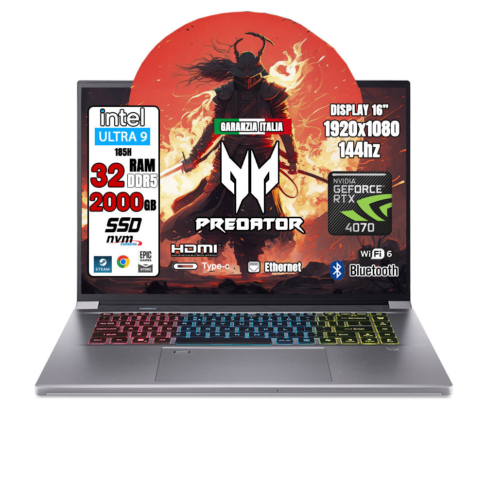 Acer Predator Triton Neo • CPU Intel Core Ultra i9 • 32GB RAM DDR5• Scheda Grafica Nvidia GeForce RTX 4070 8GB • SSD da 2TB, Display Full HD IPS 144Hz 16 pollici