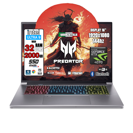 Acer Predator Triton Neo • CPU Intel Core Ultra i9 • 32GB RAM DDR5• Scheda Grafica Nvidia GeForce RTX 4070 8GB • SSD da 2TB, Display Full HD IPS 144Hz 16 pollici