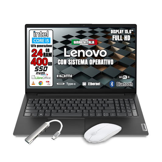 Notebook NUOVO Lenovo • Cpu i5 13 th • 24 GB ram • 400 GB HSSD • Sistema Operativo e Pacchetto Libre Office • Mouse e Hub USB Typce-c