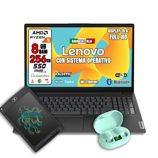 •Notebook NUOVO Lenovo • AMD RyzenTM 5 7520U • 8 GB RAM • 256GB SSD • SIstema Operativo e LIBRE OFFICE • Tavoletta Grafica e Mouse