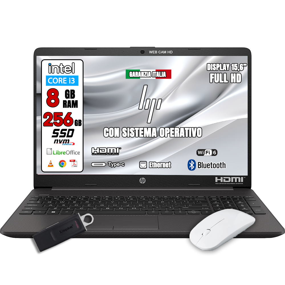 Notebook NUOVO HP • Full HD Intel® I3 • 8 GB DDR4-SDRAM • 256 GB HSSD storage •Sistema Operativo e Pacchetto Libre Office •Mouse e Cuffie Wireless