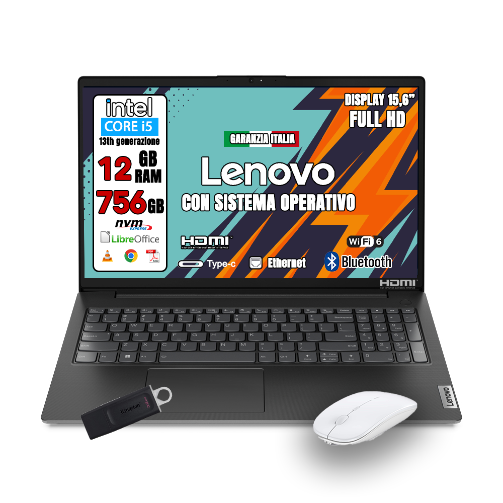 Notebook NUOVO Lenovo •Intel i5-1335U 2 GHz  • 12 GB ram DDR4-SDRAM •756GB HSSD • Sistema Operativo e Pacchetto Libre Office • Mouse e Pendrive