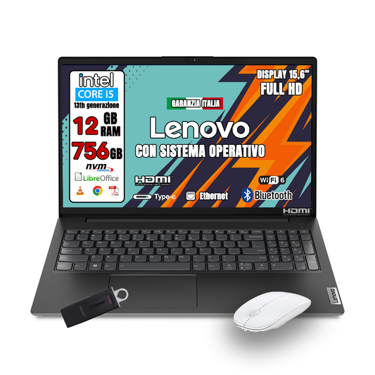 Notebook NUOVO Lenovo •Intel i5-1335U 2 GHz  • 12 GB ram DDR4-SDRAM •756GB HSSD • Sistema Operativo e Pacchetto Libre Office • Mouse e Pendrive