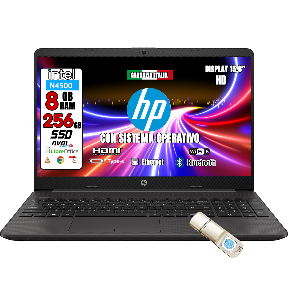 Notebook NUOVO HP •  HD Intel® Celeron®  N4500 • 8 GB ram DDR4 • 256 GB SSD storage   • Sistema Operativo e Libre Office • Pendrive Finger Print