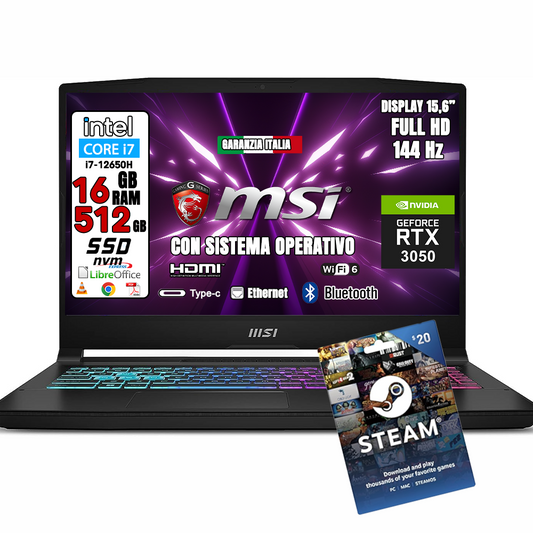 MSI Gaming Katana 15 NUOVO • CPU  Intel I7-12650H • GeForce RTX 3050 6GB GDDR6 • Monitor 15.6" Full HD 144 hz • 512Gb SSD• Ram 16GB • •Sistema operativo • STEAM 20 €