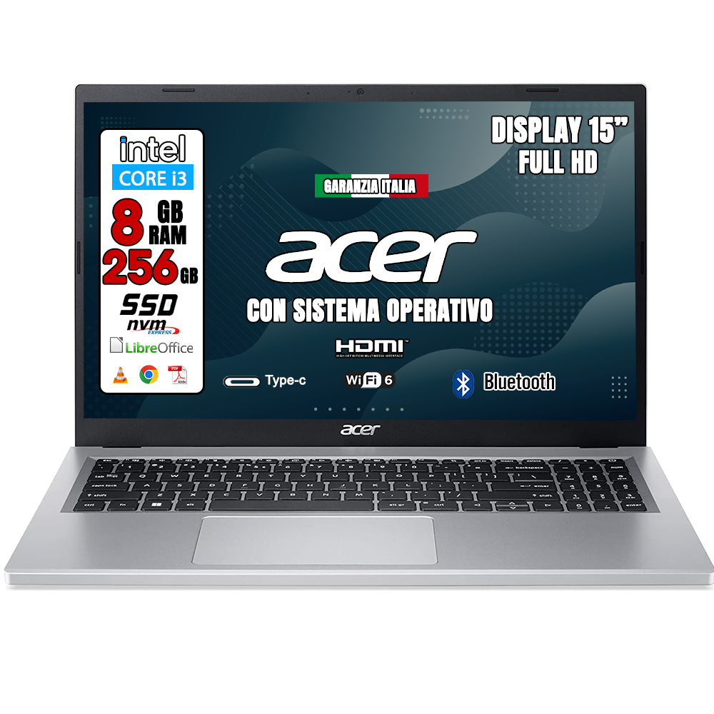 Acer Notebook NUOVO • Monitor 15.6" Full HD • Memoria SSD 256GB • CPU Intel i3 fino a 2,8ghz • Ram 8GB • Ingresso LAN, HDMI, USB • Windows 11 Home • PRONTO ALL'USO