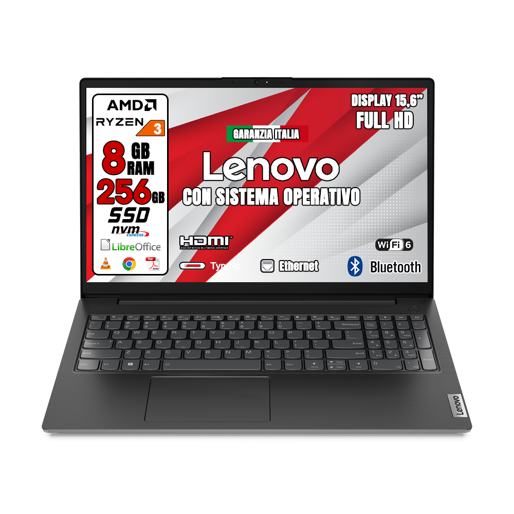 Notebook NUOVO Lenovo • AMD Ryzen™ 3 7320U 2,4 GHz  • 8 GB ram  • 256 GB SSD   • Sistema Operativo e LIBRE OFFICE •