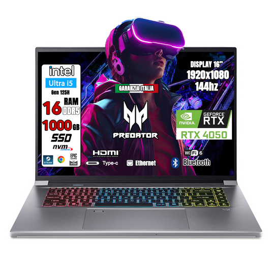 Acer Predator Triton Neo 16 • Ram DDR5 16 GB • CPU Intel core ULTRA I5 • NVIDIA GeForce RTX™ 4050 • Display 16" FULLHD IPS 144ghz • SSD 1TB PCI EXPRESS • Tastiera RETROILLUMINATA RGB - Pronto all'uso