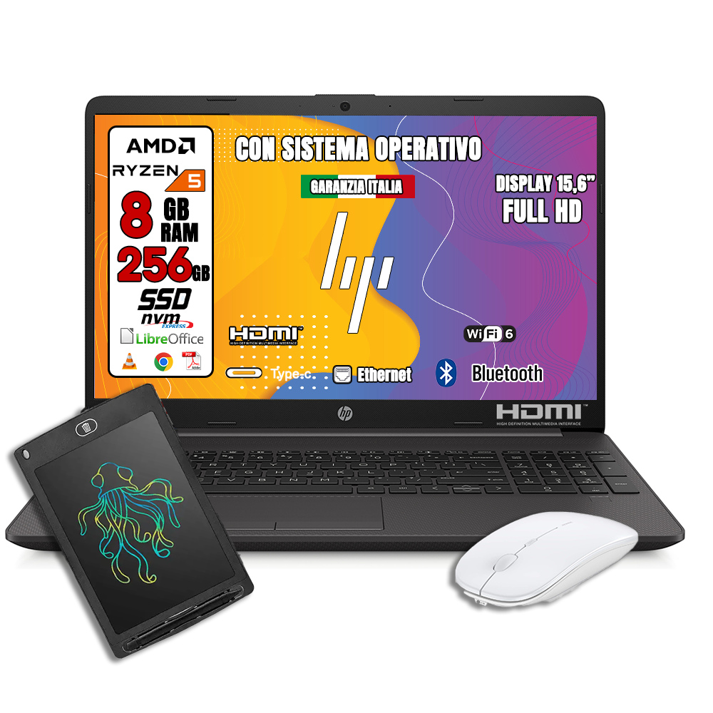 Notebook NUOVO HP • AMD Ryzen™ 5 5500U  • 8 GB ram  • 256 GB HSSD   • Sistema Operativo e Libre Office • Tavoletta Grafica e Mouse + Notebook in omaggio