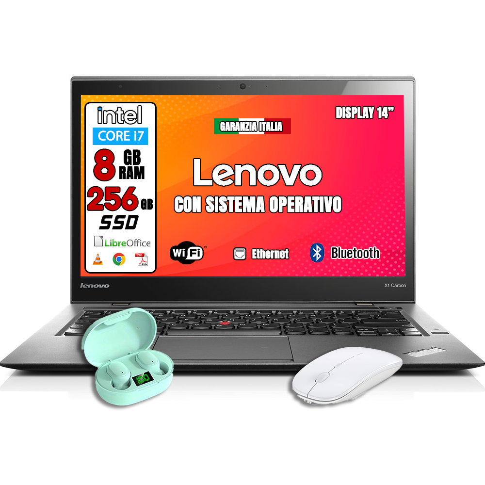 Notebook Lenovo x1 Carbon (RICONDIZIONATO) • Intel i7™ • 8 GB ram • 256 GB SSD • Windows 11 Pro e Pacchetto Libre Office • CUFFIETTE E MOUSE WIRELESS