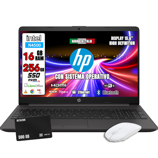 HP Notebook NUOVO con Pendrive Fingerprint Privacy • CPU Intel N4500 @ 2,8ghz • SSD 256 GB • Ram 16 GB • Sistema operativo e Libre Office • Hard Disk 500 GB esterno e Mouse wireless.