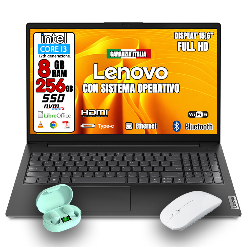 Notebook NUOVO Lenovo • Intel i3 12th • 8 GB ram • 256 GB SSD • Sistema Operativo e LIBRE OFFICE •