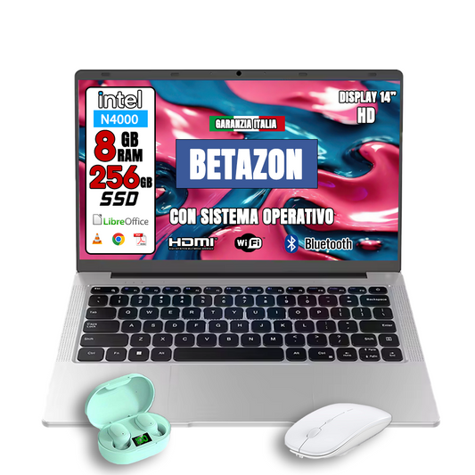 Notebook NUOVO BETAZON • HD Intel® Celeron® N4000 • 8 GB DDR4-SDRAM • 256 GB SSD storage • Windows 11 Pro e Libre Office  •Mouse e Cuffie Wireless