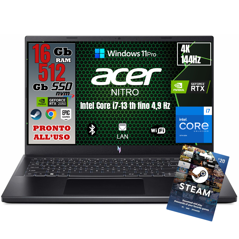 Notebook NUOVO Acer Nitro v15• Cpu i7 13620H • 16 GB RAM ddr5 • 512 GB SSD • NVIDIA Ge Force RTX 2050 • Windows 11 Pro • Buono STEAM 20€