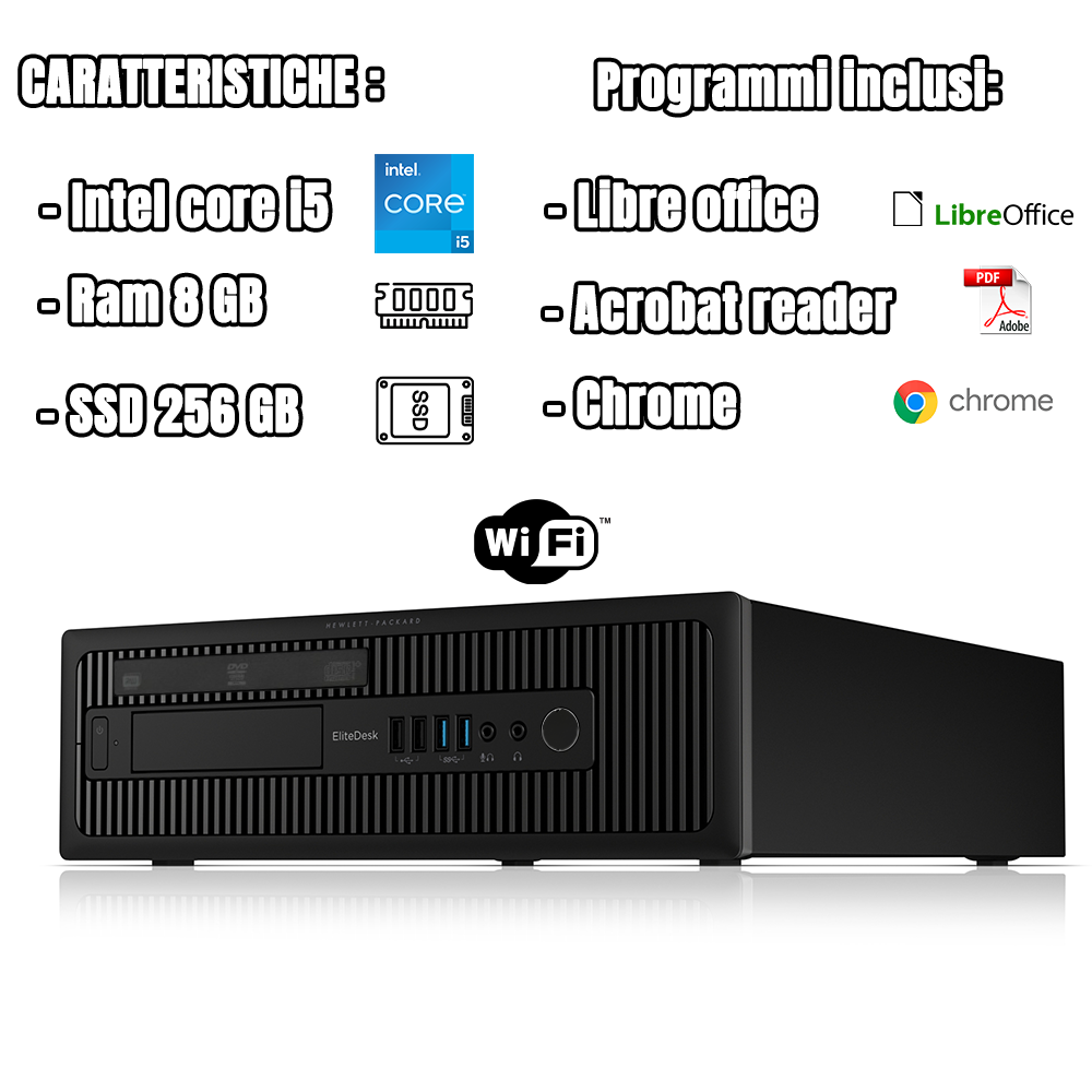 Postazione PC COMPLETA, Lettore DVD, Processore i5, Ram 8Gb, SSD 256Gb, Wi-Fi, sistema operativo attivo a vita - Pronto all'uso con programmi installati - Tastiera, mouse e MONITOR 23" RICONDIZIONATO