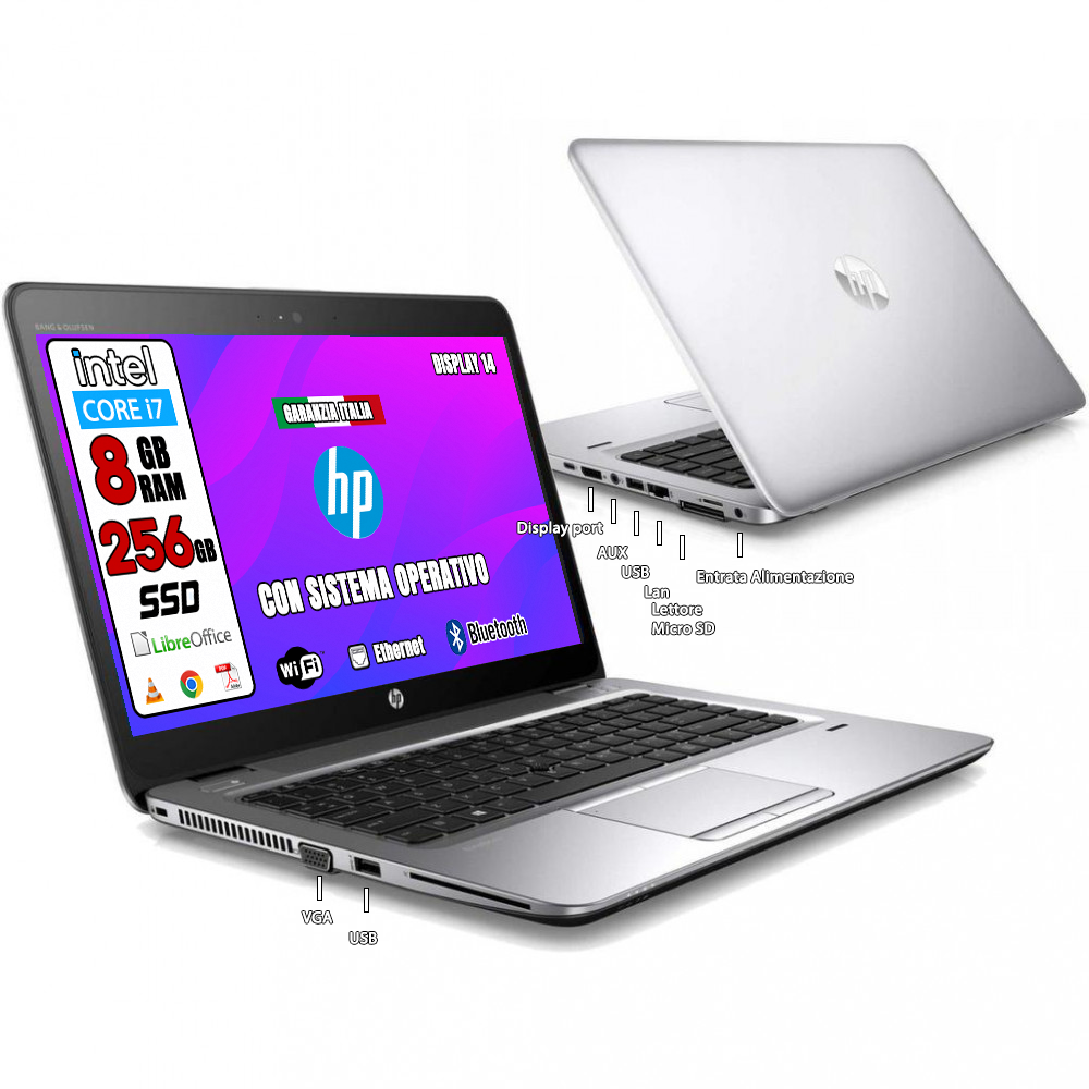 HP EliteBook 840 (ricondizionato), CPU intel i7-6200U display 14" Argento ram 8Gb SSD 256Gb Windows 10