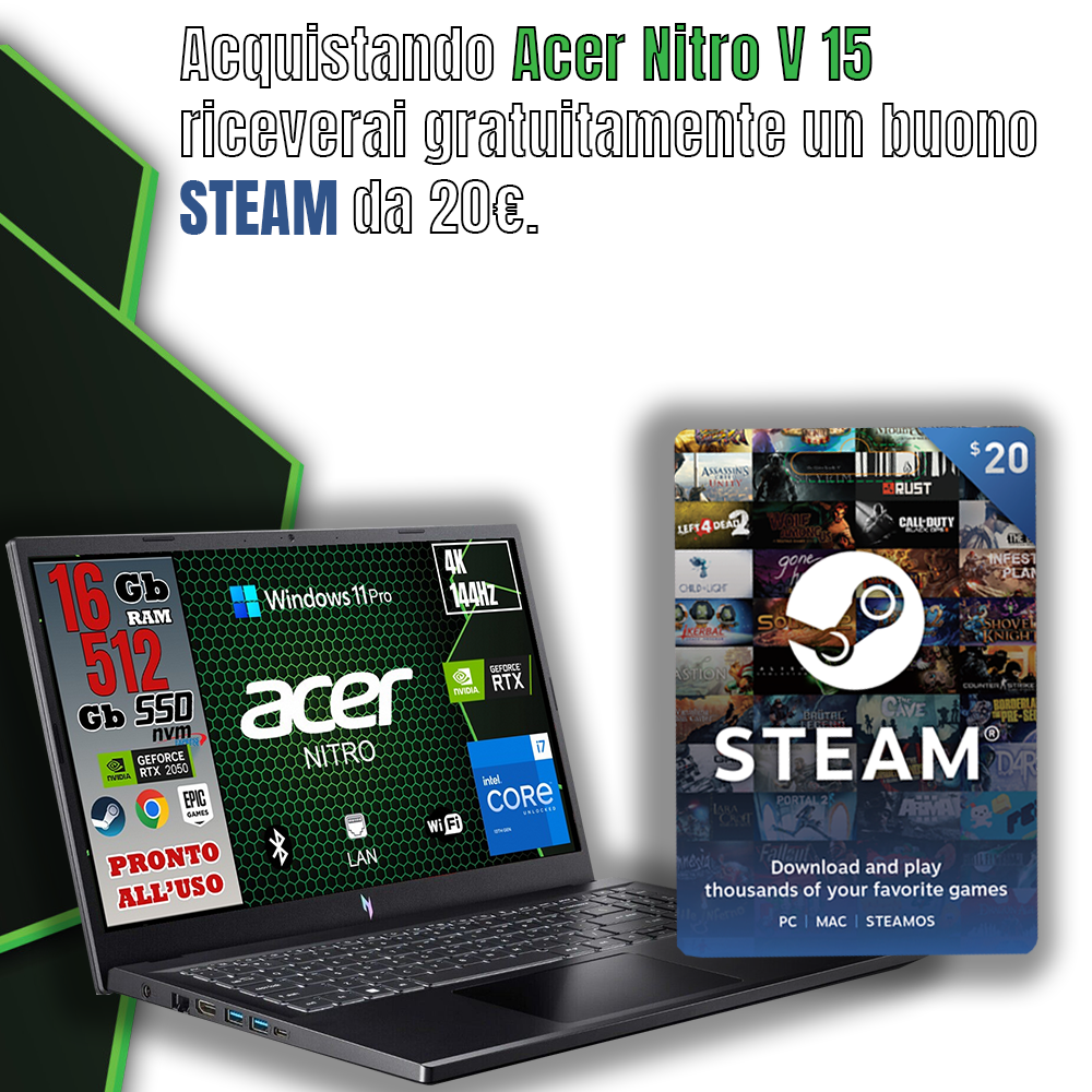 Notebook NUOVO Acer Nitro v15• Cpu i7 13620H • 16 GB RAM ddr5 • 512 GB SSD • NVIDIA Ge Force RTX 2050 • Windows 11 Pro • Buono STEAM 20€