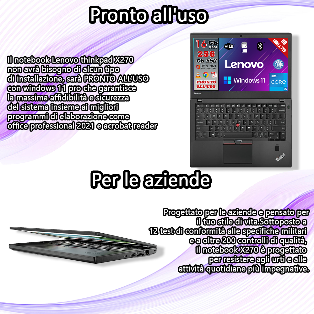 Notebook Lenovo (RICONDIZIONATO) • Cpu i5 • 16 GB ram • 256 GB SSD • Windows 11 Pro e Pacchetto Office 2021