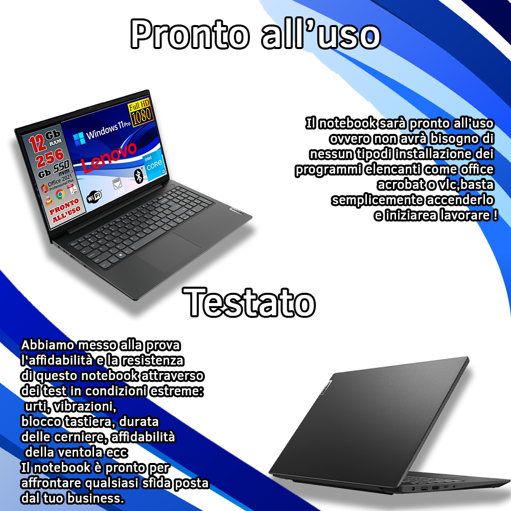 Notebook NUOVO Lenovo • Intel® Core™ i3 i3-1215U  • 12 GB DDR4-SDRAM  • 256 GB SSD   • Windows 11 Pro e Pacchetto Office 2021 • Mouse e Pendrive