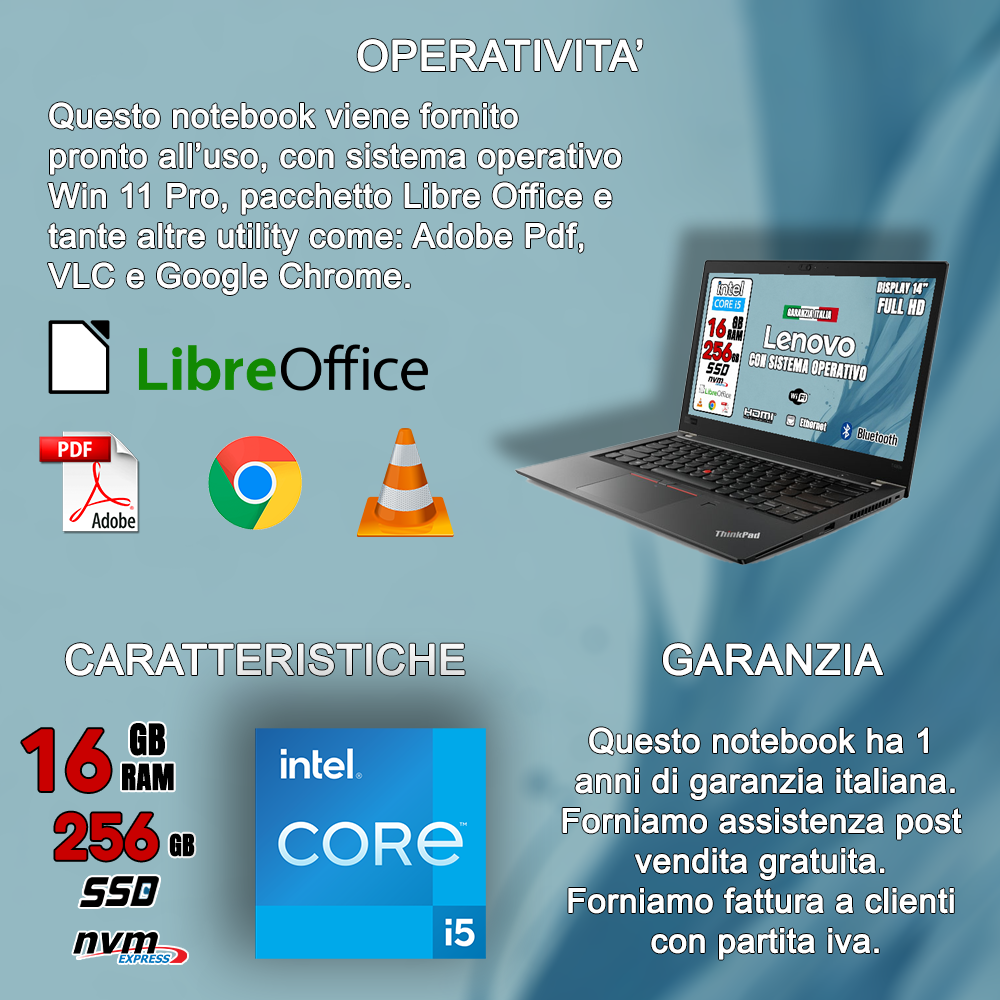 Notebook Lenovo T480 (RICONDIZIONATO) • Cpu i5 • 16 GB ram • 256 GB SSD • Windows 11 Pro