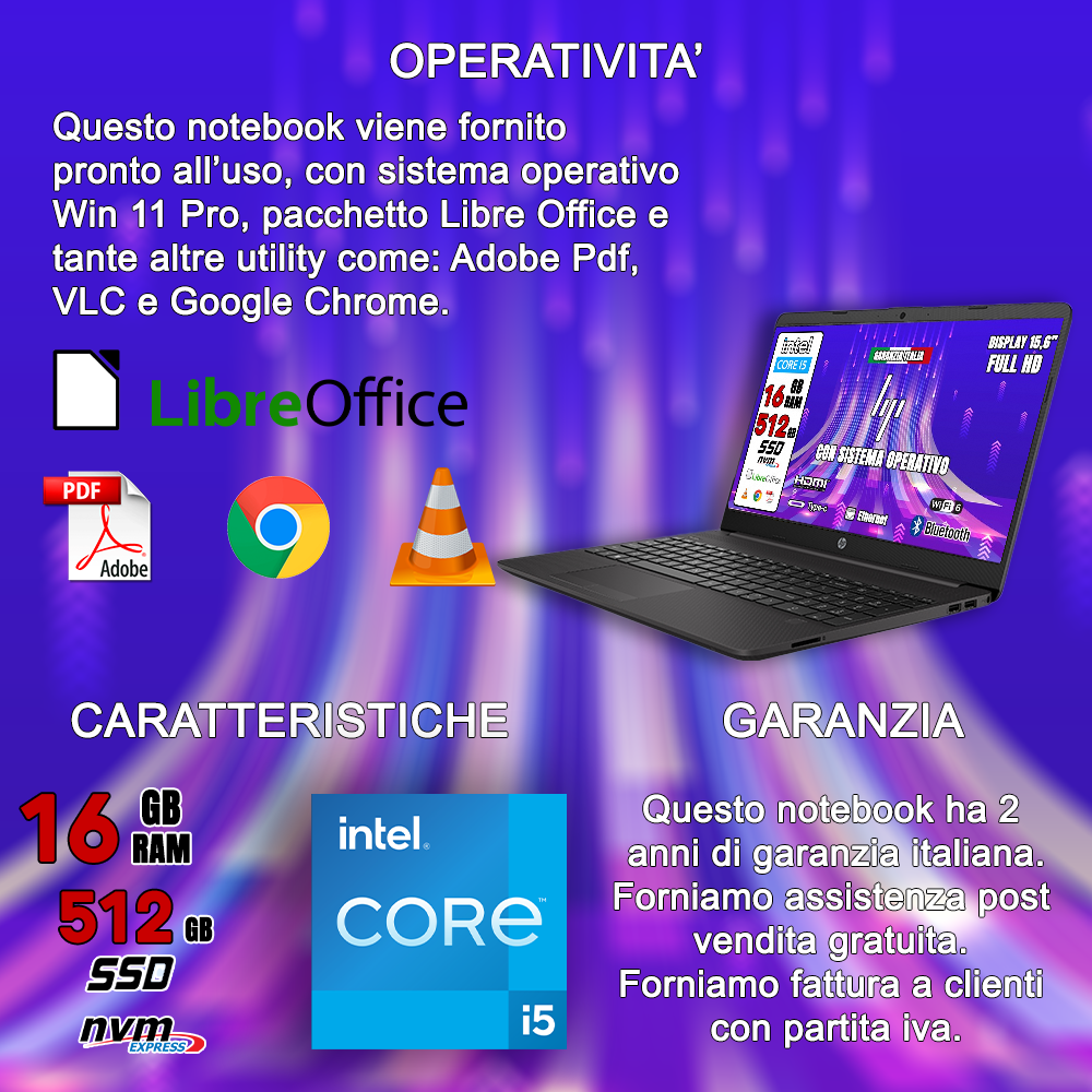 HP Notebook NUOVO con Pendrive Fingerprint Privacy • CPU Intel i5 @ 4 ghz • Monitor 15.6" HD • SSD 512 GB • Ram 16 GB • Ingresso LAN, HDMI, USB • Sistema operativo WIN 11 PRO e Libre Office