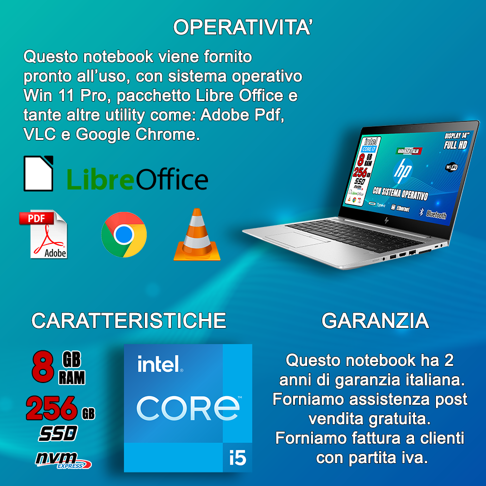 Notebook HP • Intel i5™ (RICONDIZIONATO) • 8 GB ram • 256 GB SSD • Windows 11 Pro e Pacchetto Libre Office • CUFFIETTE E MOUSE WIRELESS