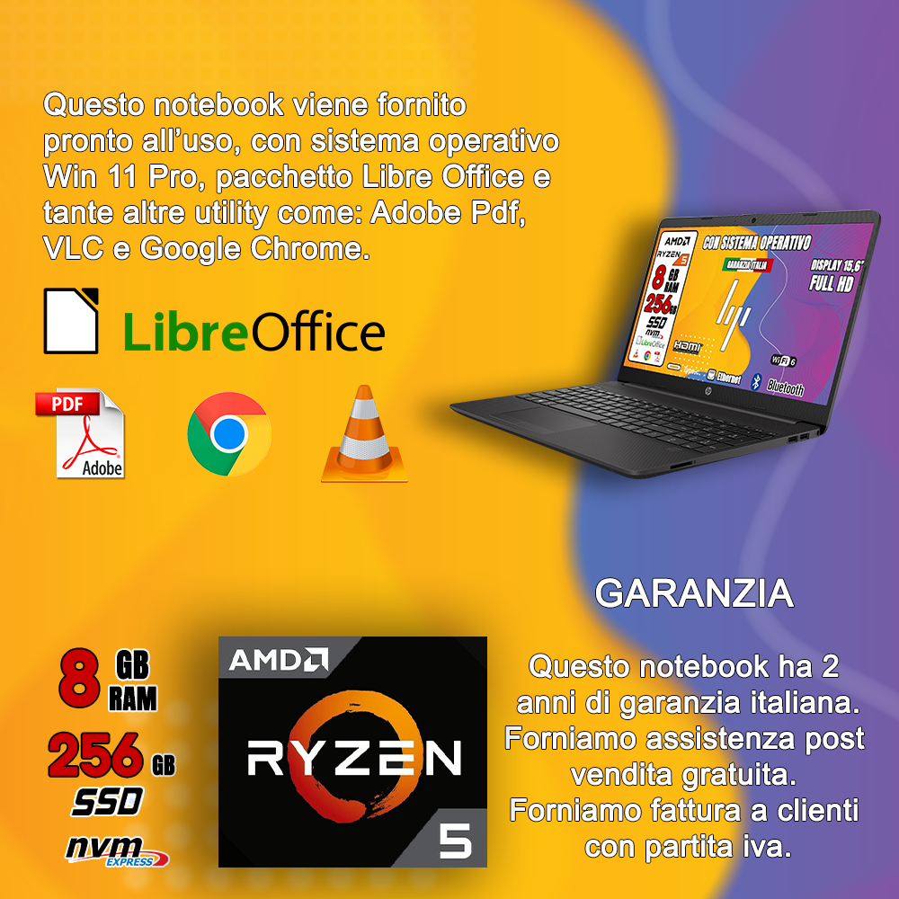 Notebook NUOVO HP • AMD Ryzen™ 5 5500U  • 8 GB ram  • 256 GB HSSD   • Sistema Operativo e Libre Office • Tavoletta Grafica e Mouse + Notebook in omaggio