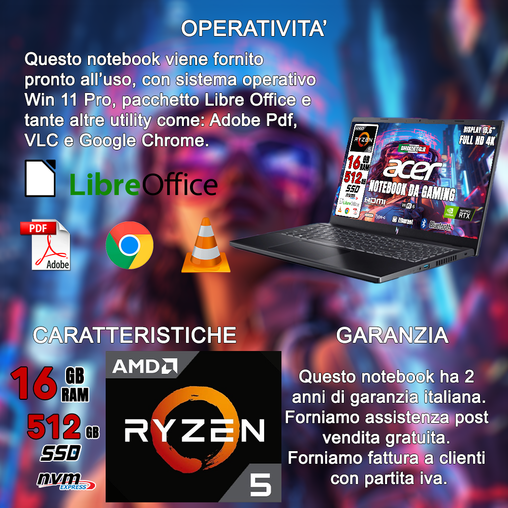 Acer Nitro V 15 Notebook Gaming NUOVO, Processore AMD Ryzen 5 7535HS, Ram 16 GB DDR5, 512 GB SSD, Display 15.6" FHD IPS 144 Hz LED LCD, NVIDIA GeForce RTX 2050 4 GB, Windows 11 Home