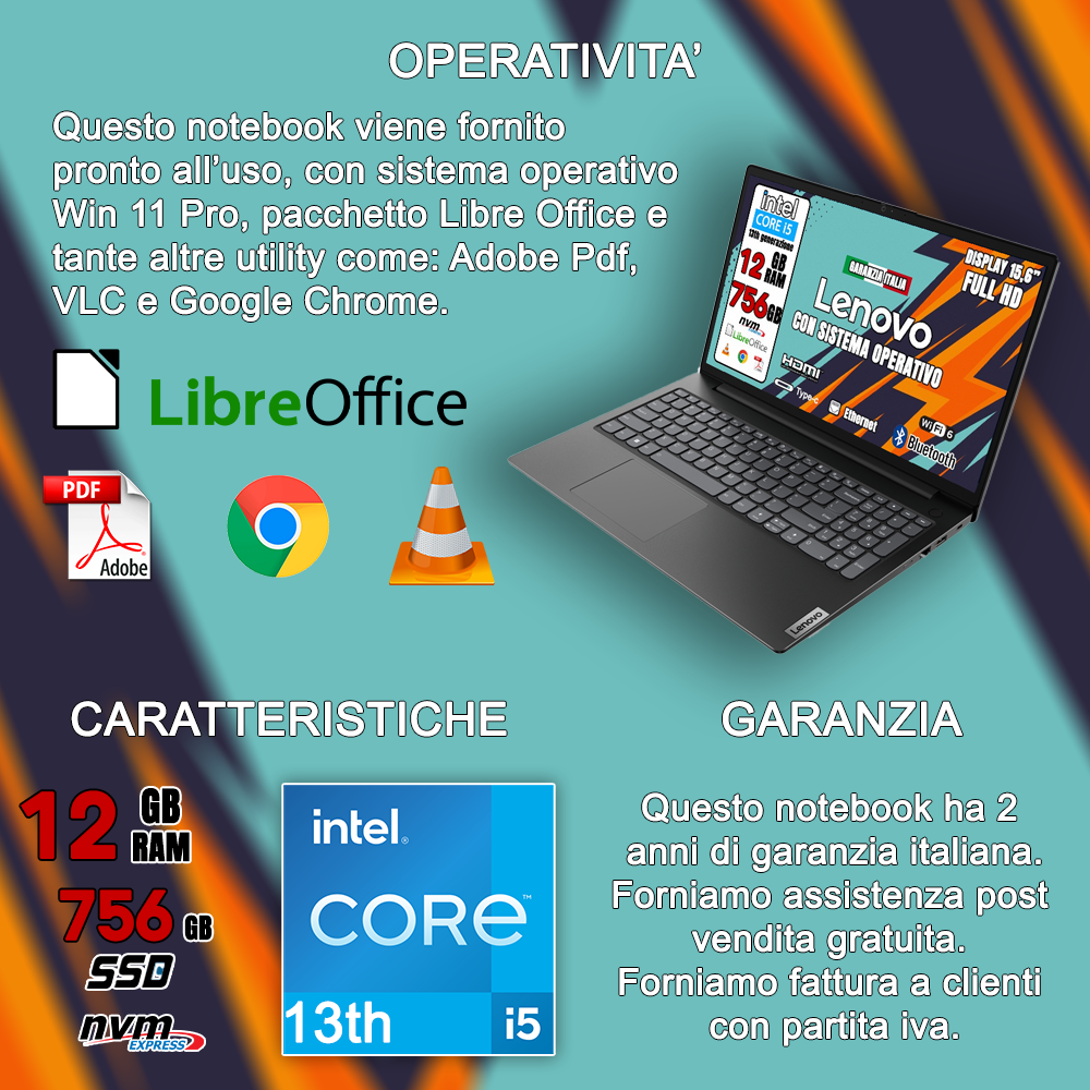 Notebook NUOVO Lenovo •Intel i5-1335U 2 GHz  • 12 GB ram DDR4-SDRAM •756GB HSSD • Sistema Operativo e Pacchetto Libre Office • Mouse e Pendrive