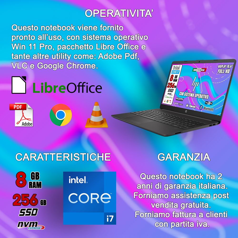 Notebook NUOVO HP • Cpu i7 1235U • 8 GB ram  • 256 GB SSD   • Windows 11 Pro e Pacchetto Office 2021 Mouse e Cuffie Wireless