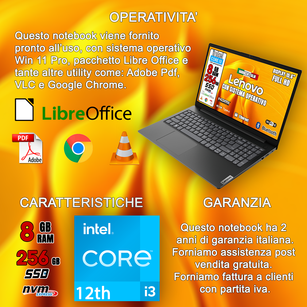 Notebook NUOVO Lenovo • Intel i3 12th • 8 GB ram • 256 GB SSD • Sistema Operativo e LIBRE OFFICE •