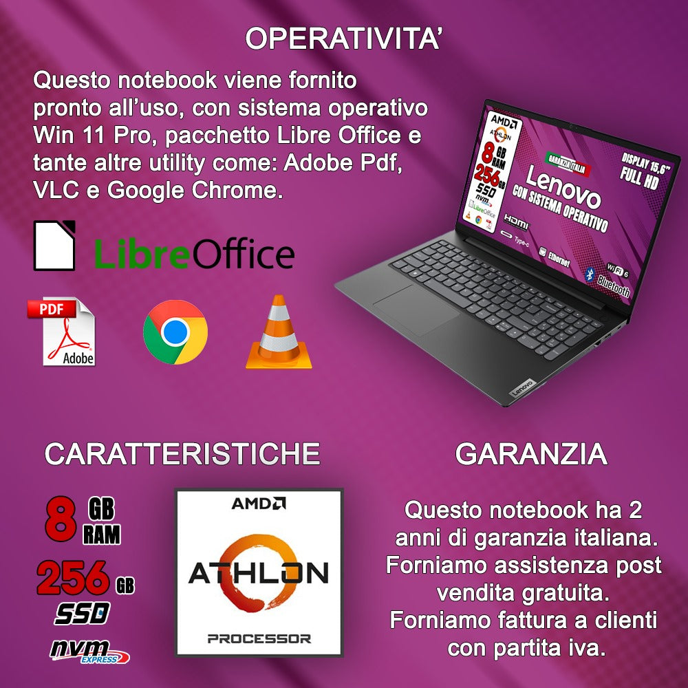 Notebook NUOVO LENOVO • Full HD AMD ATHLON • 8 GB DDR4-SDRAM • 256 GB HSSD storage • Sistema Operativo e Pacchetto Libre Office •Mouse e Cuffie Wireless