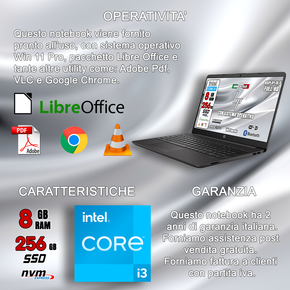 Notebook NUOVO HP • Full HD Intel® I3 • 8 GB DDR4-SDRAM • 256 GB HSSD storage •Sistema Operativo e Pacchetto Libre Office •Mouse e Cuffie Wireless