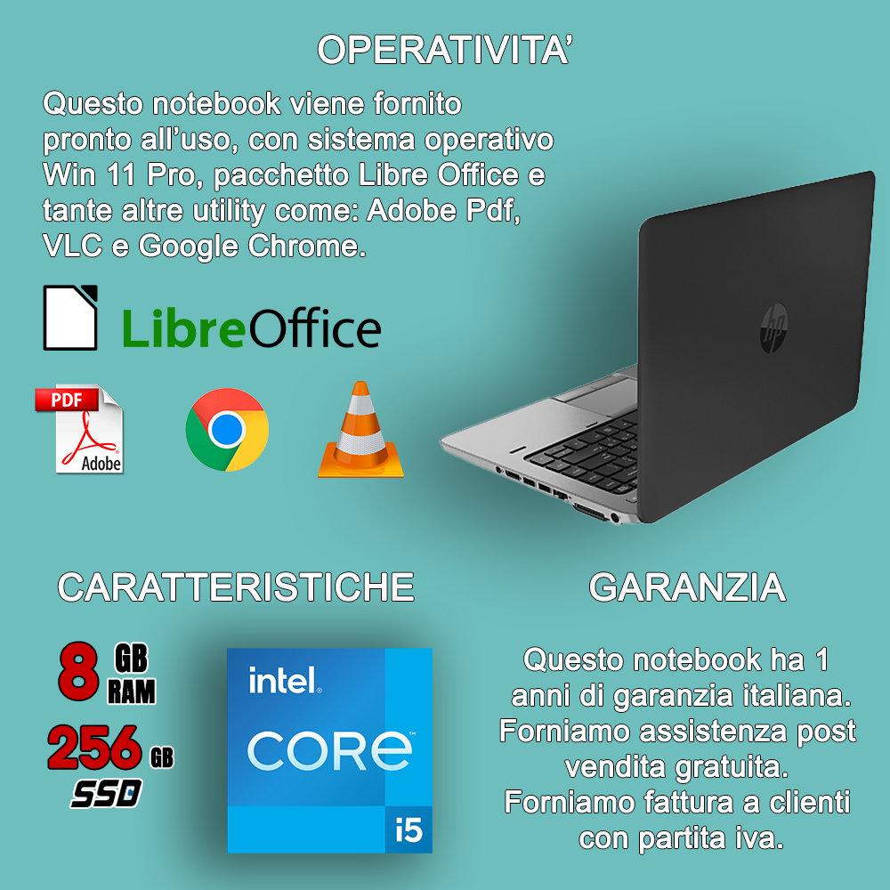 Notebook HP 840 G1 (RICONDIZIONATO) •  Intel® Core™ i5-4310U  • 8 GB DDR3L  • 256 GB SSD   • Sistema Operativo + Libre Office • Cuffie WIRELESS + MOUSE