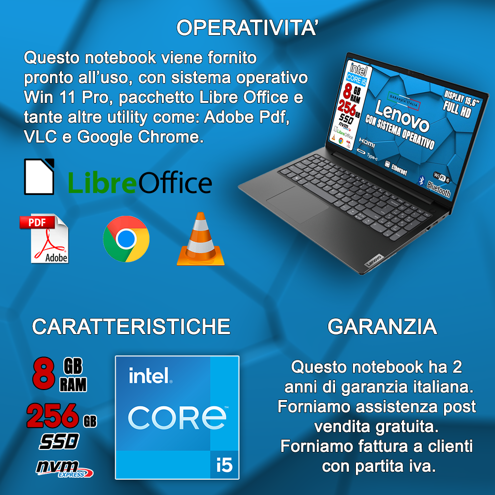 Notebook NUOVO Lenovo • Cpu i5 11 th  • 8 GB ram  • 256 GB SSD   • Sistema Operativo e Pacchetto Libre Office • Mouse e Pendrive