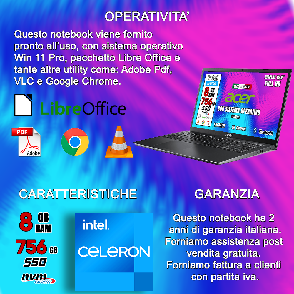 Acer Notebook NUOVO • Monitor 15.6" Full HD • Memoria SSD 756GB • CPU Intel Core N4500 fino a 2,8ghz • Ram 8GB • Ingresso LAN, HDMI, USB • Sistema Operativo • PRONTO ALL'USO