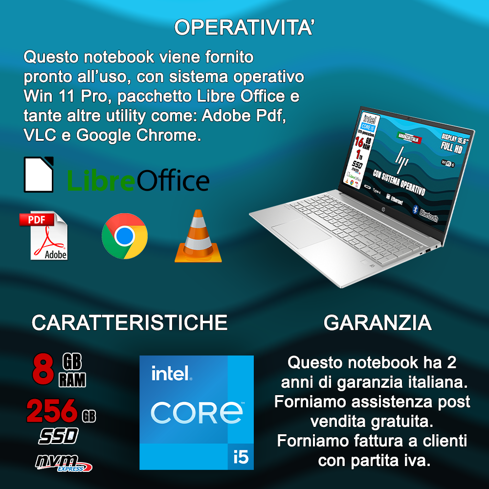 Notebook NUOVO HP • Intel i5™ 13th • 16 GB ram • 1 TB SSD • Windows 11 Pro e Pacchetto Office 2021