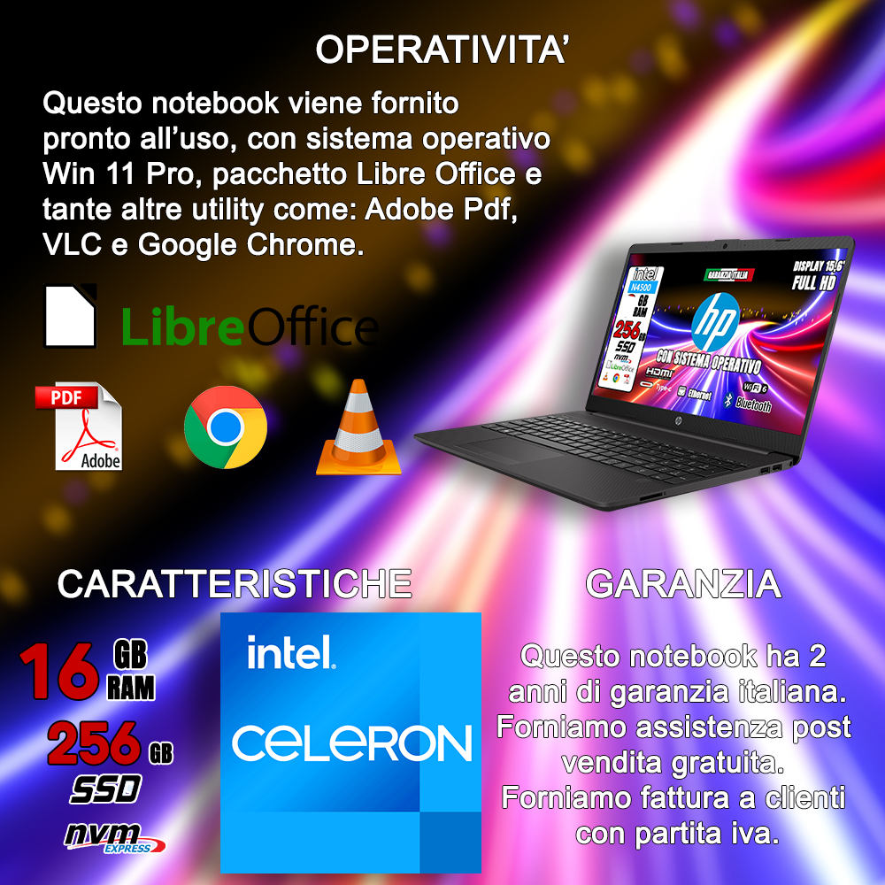 HP Notebook NUOVO con Pendrive Fingerprint Privacy • CPU Intel N4500 @ 2,8ghz • SSD 256 GB • Ram 16 GB • Sistema operativo e Libre Office • Hard Disk 500 GB esterno e Mouse wireless.