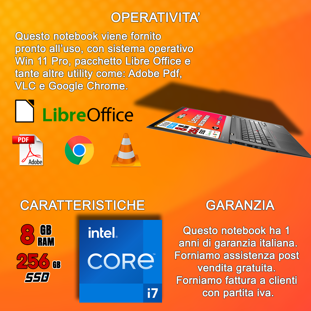 Notebook Lenovo x1 Carbon (RICONDIZIONATO) • Intel i7™ • 8 GB ram • 256 GB SSD • Windows 11 Pro e Pacchetto Libre Office • CUFFIETTE E MOUSE WIRELESS