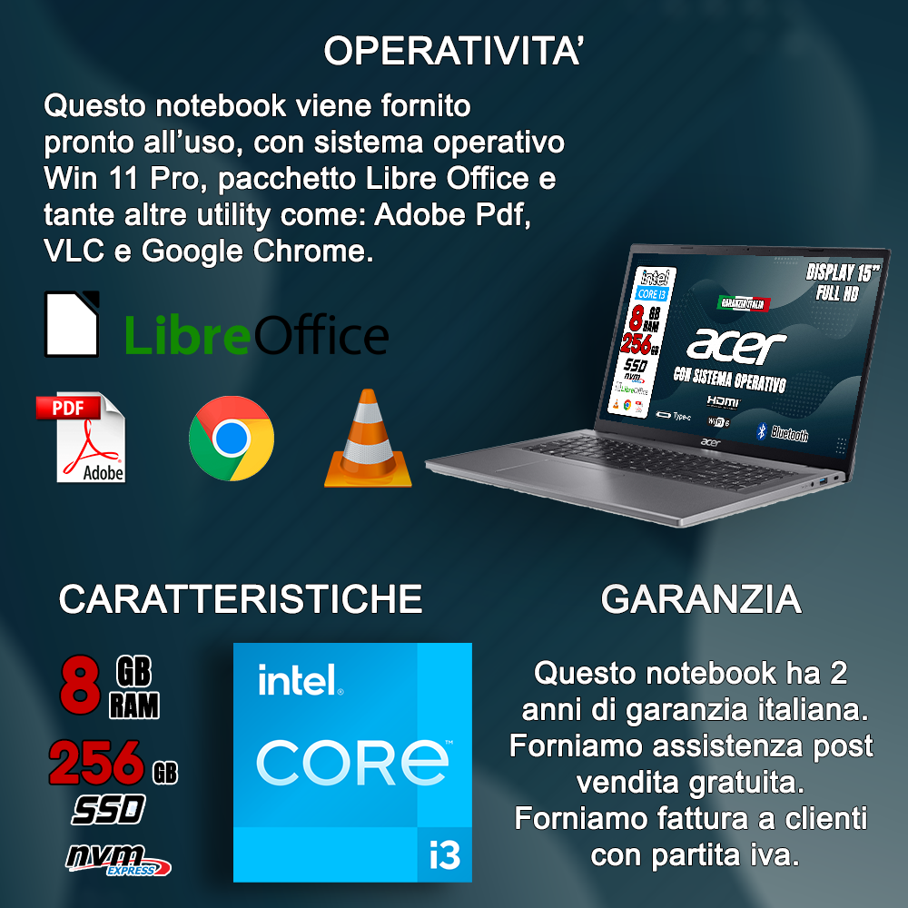 Acer Notebook NUOVO • Monitor 15.6" Full HD • Memoria SSD 256GB • CPU Intel i3 fino a 2,8ghz • Ram 8GB • Ingresso LAN, HDMI, USB • Windows 11 Home • PRONTO ALL'USO