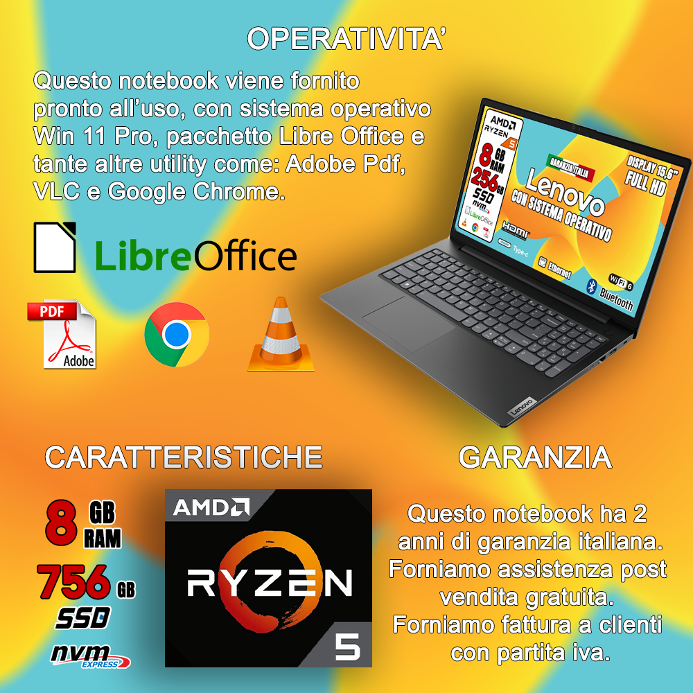 •Notebook NUOVO Lenovo • AMD RyzenTM 5 7520U • 8 GB RAM • 256GB SSD • SIstema Operativo e LIBRE OFFICE • Tavoletta Grafica e Mouse