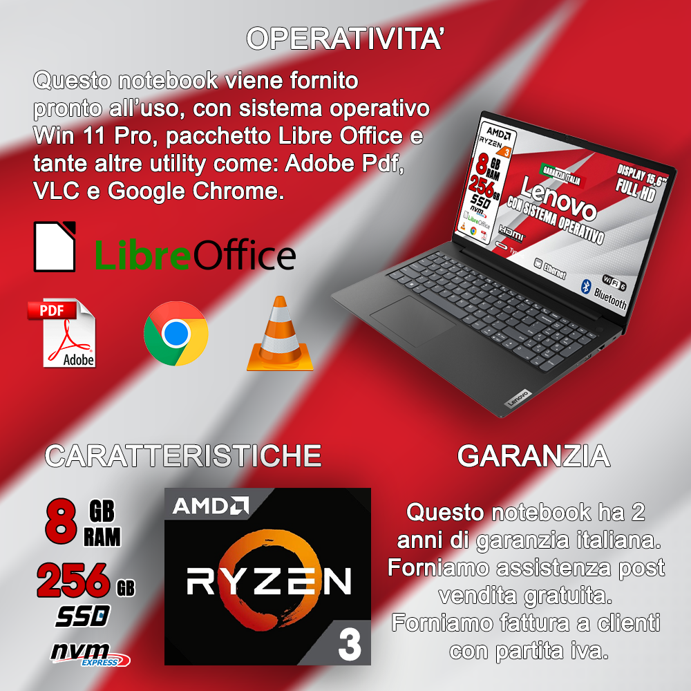 Notebook NUOVO Lenovo • AMD Ryzen™ 3 7320U 2,4 GHz  • 8 GB ram  • 256 GB SSD   • Sistema Operativo e LIBRE OFFICE •