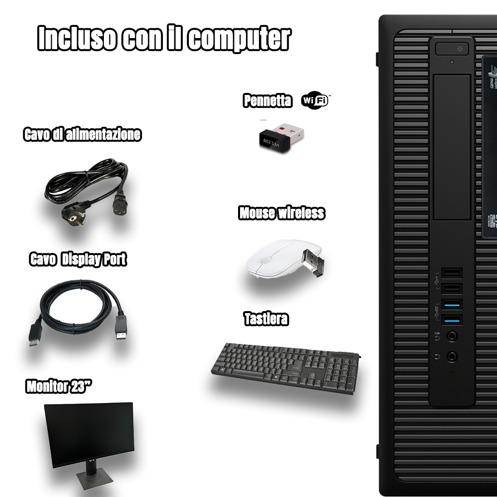 Postazione PC COMPLETA, Lettore DVD, Processore i5, Ram 8Gb, SSD 256Gb, Wi-Fi, sistema operativo attivo a vita - Pronto all'uso con programmi installati - Tastiera, mouse e MONITOR 23" RICONDIZIONATO