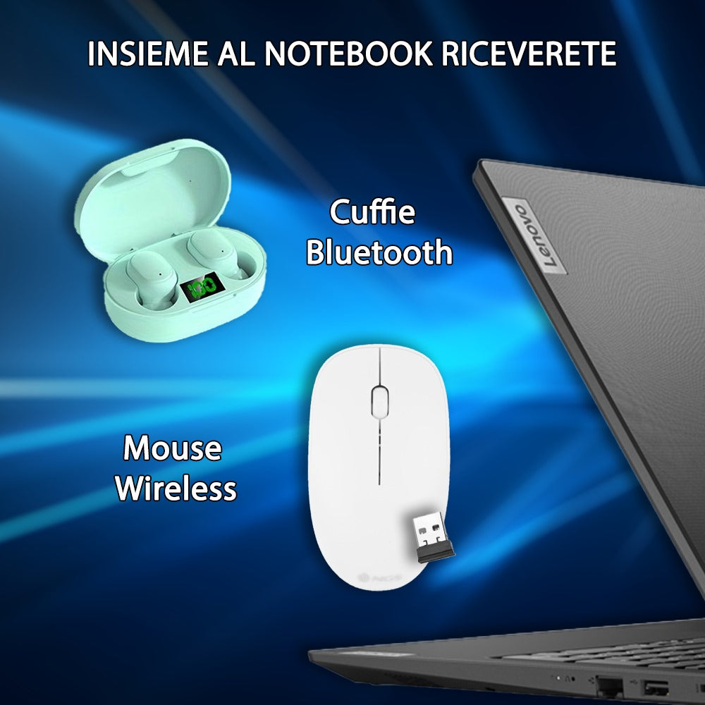 Notebook NUOVO LENOVO  • Full HD Intel® Celeron® N4500 • 8 GB DDR4-SDRAM • 756 GB HSSD storage   • Sistema Operativo e Pacchetto Libre Office •Mouse e Cuffie Wireless