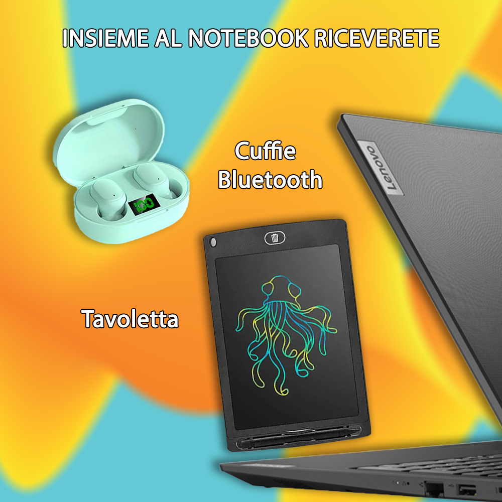 •Notebook NUOVO Lenovo • AMD RyzenTM 5 7520U • 8 GB RAM • 256GB SSD • SIstema Operativo e LIBRE OFFICE • Tavoletta Grafica e Mouse