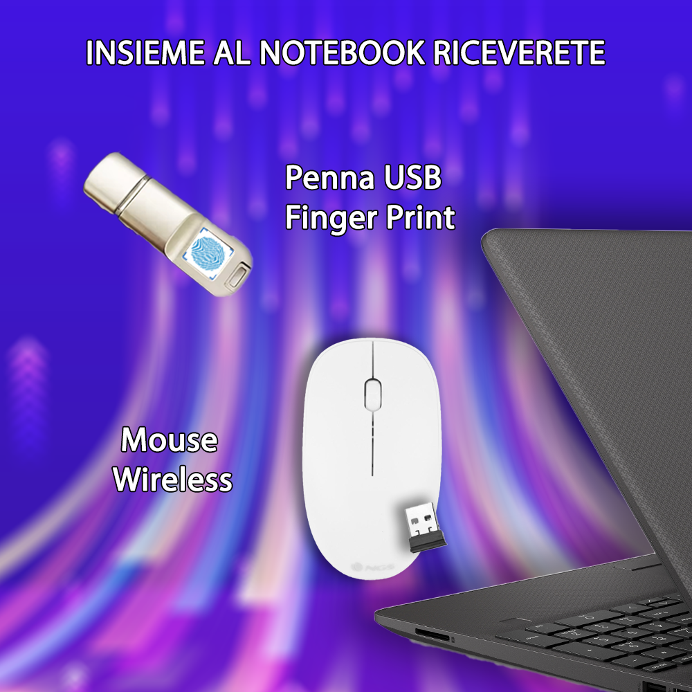 HP Notebook NUOVO con Pendrive Fingerprint Privacy • CPU Intel i5 @ 4 ghz • Monitor 15.6" HD • SSD 512 GB • Ram 16 GB • Ingresso LAN, HDMI, USB • Sistema operativo WIN 11 PRO e Libre Office